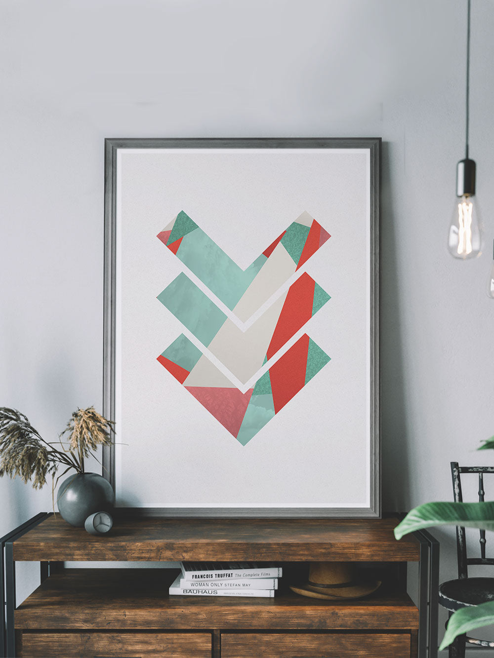 3 Arrows Minimal Geometric Art Print on a shelf