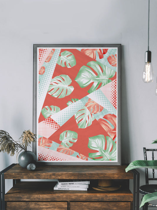 On trend Monstera Coral Botanical Pattern Print in a modern room