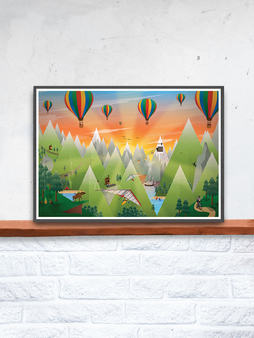 Adventure LandArt Print for Kids  in a frame on a shelf