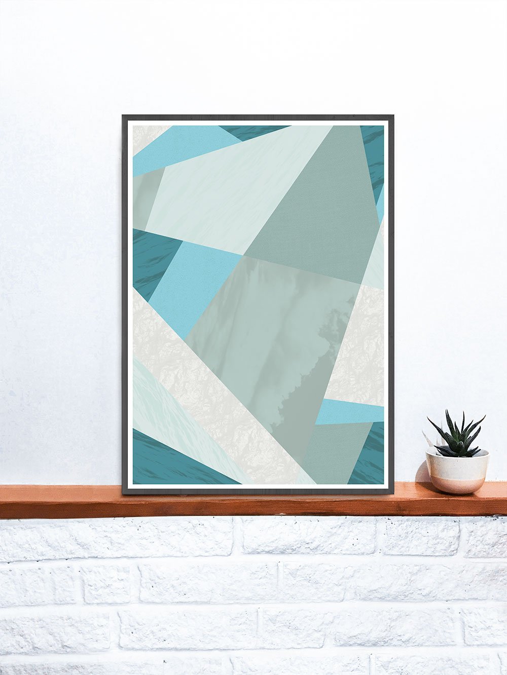 Aqua Blue Geometric Pattern Print on a shelf