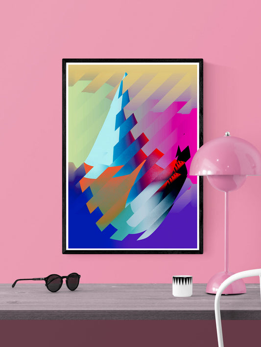 Aquaslide Glitch Art Print in a frame on a wall
