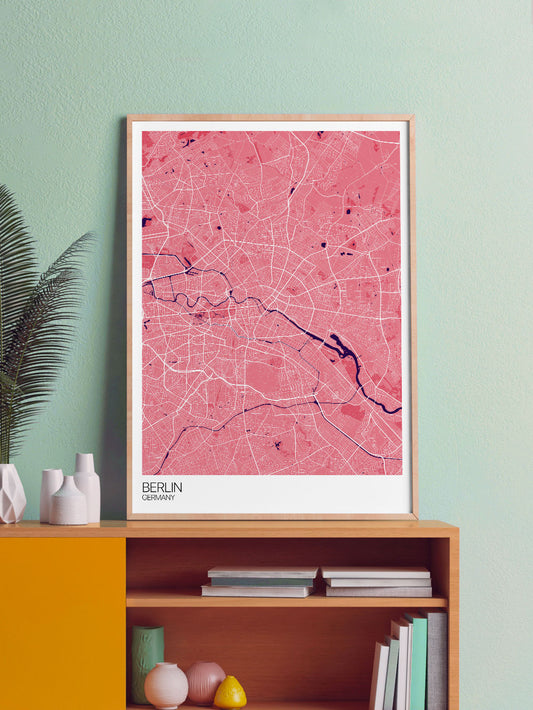 Berlin City Map Art Print in a frame on a shelf