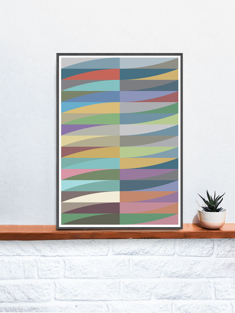 Blade and Waves Abstract Art Print in a frame on a shelf