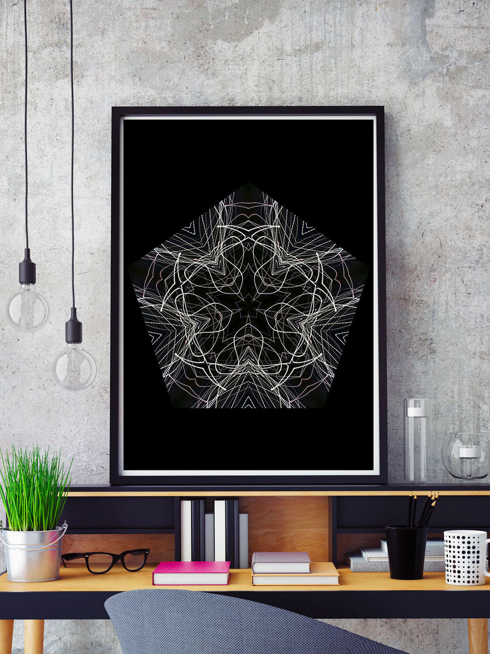 Bladerunner Kaleidoscope Art in a frame on a shelf