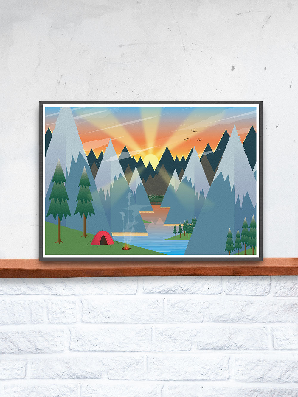 Camping Adventure Kids Art Print in a frame on a shelf