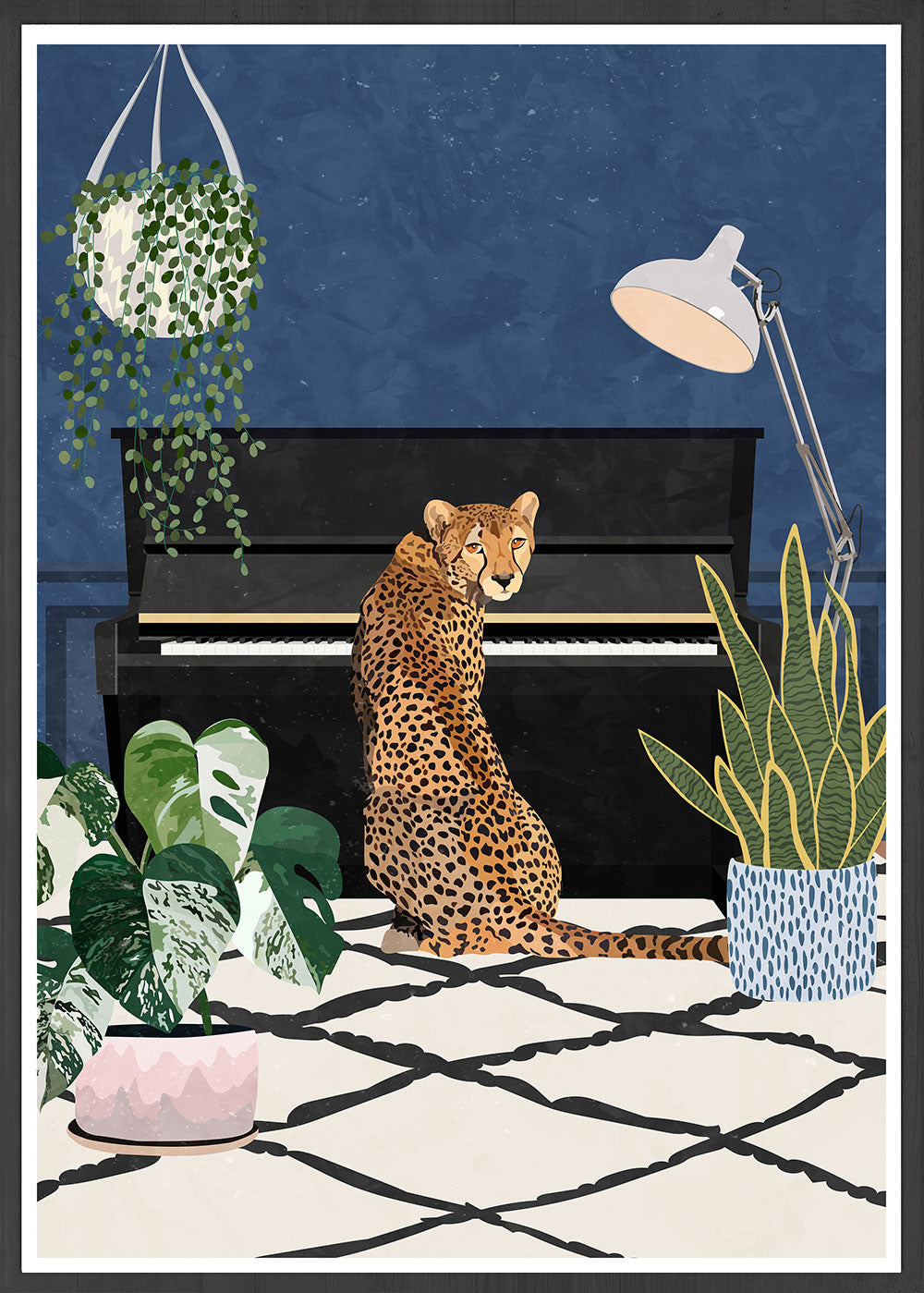 Cheetah Tunes Art Print by Sarah Manovski in a frame