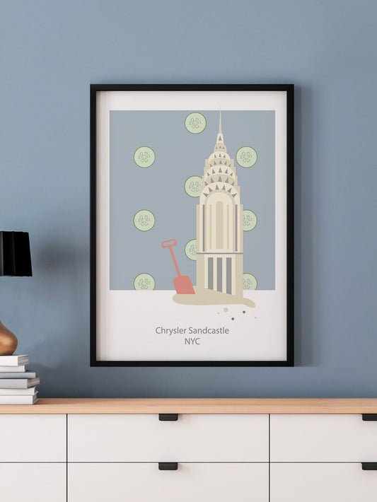 Chrysler Sandcastle New York Print in a frame on a wall