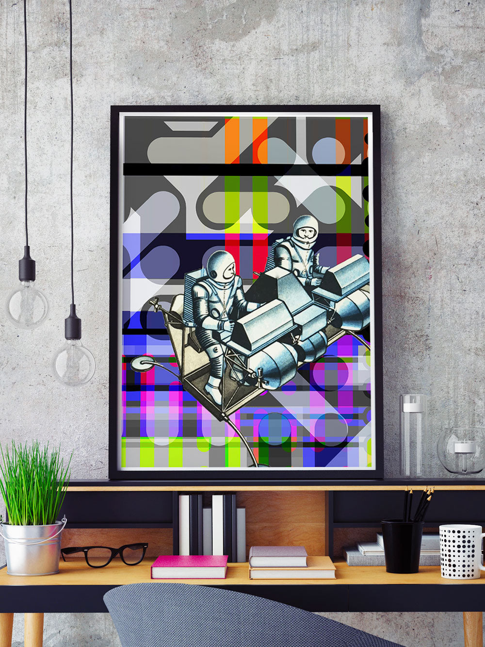 Crash Landing Collage Wall Art in a frame on a shelf
