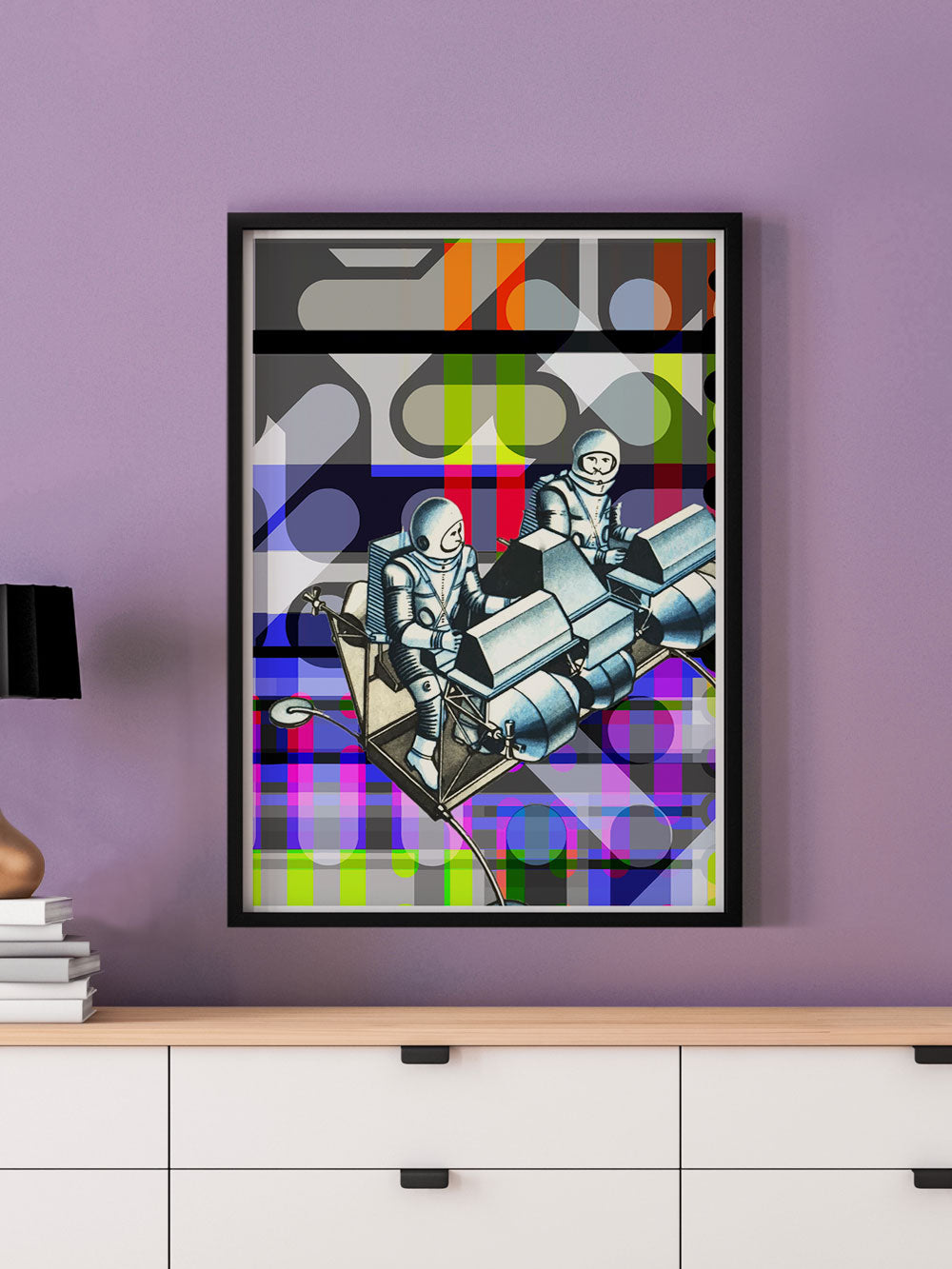 Crash Landing Collage Wall Art in a frame on a wall