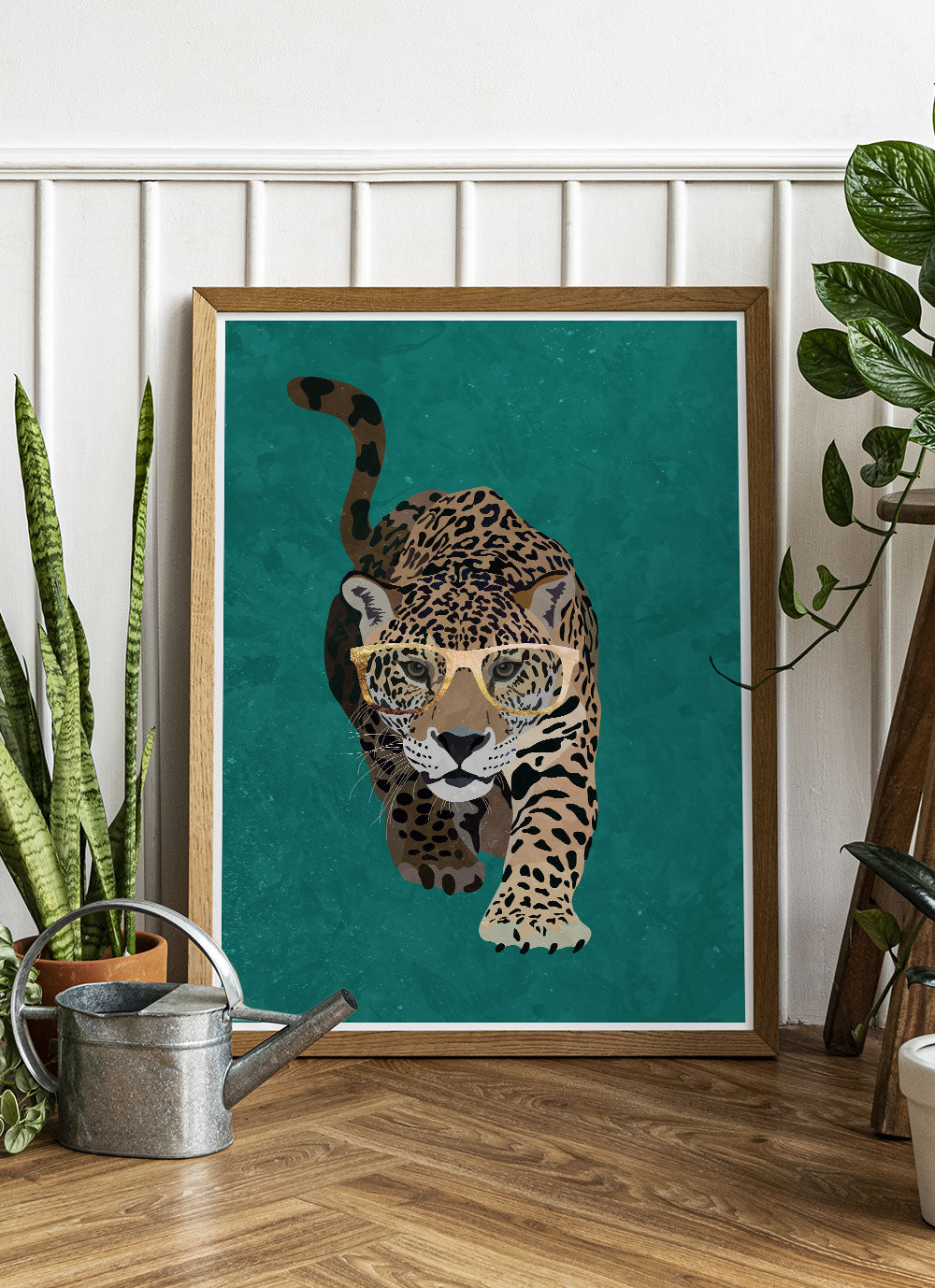 Cool Leopard Art Print by Sarah Manovski in a quirky interior space with house plants