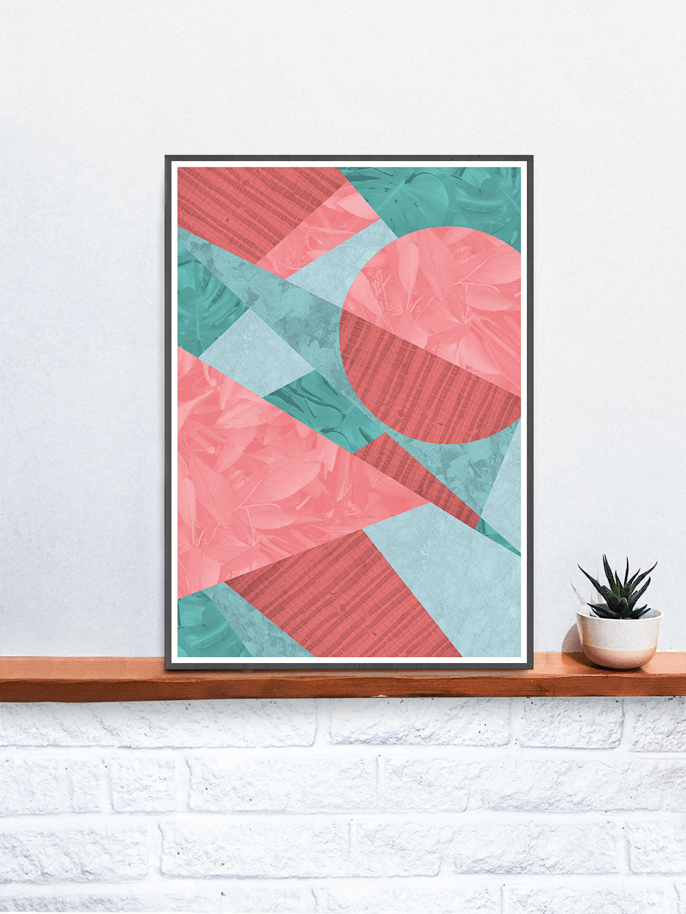 Coral Leaves Geometric Art Print on a Shelf