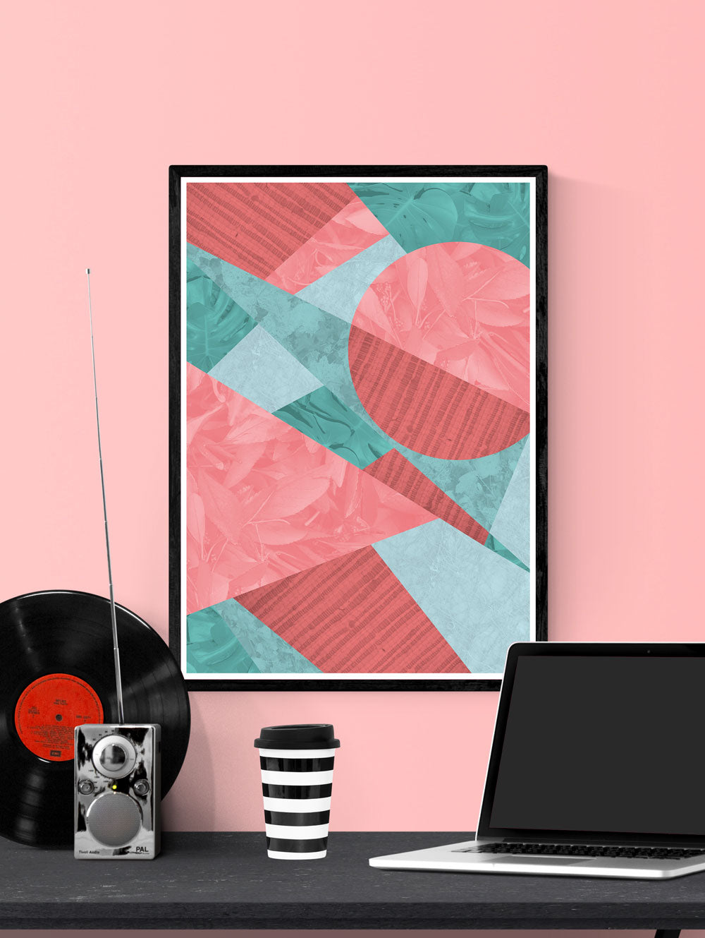 Coral Leaves Geometric Art Print in a frame on a wall