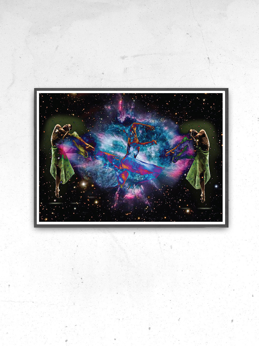 Dancing in Space Art Print in a frame on a wall