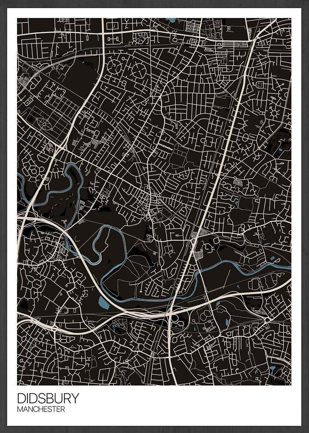 Didsbury Manchester Map Print in a black frame