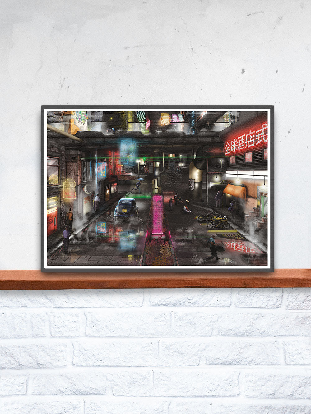 Dystopia Cyberpunk Wall Art in a frame on a shelf