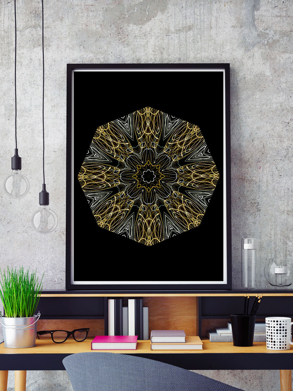 Edison Mandala Print in a frame on a shelf