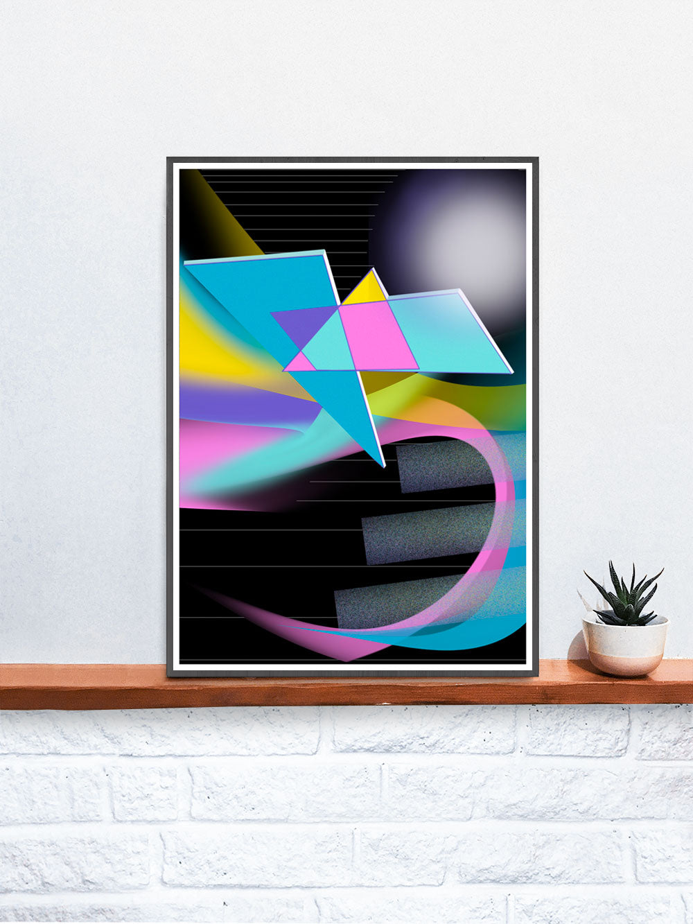 Five Alive Glitch Art Print in a frame on a shelf