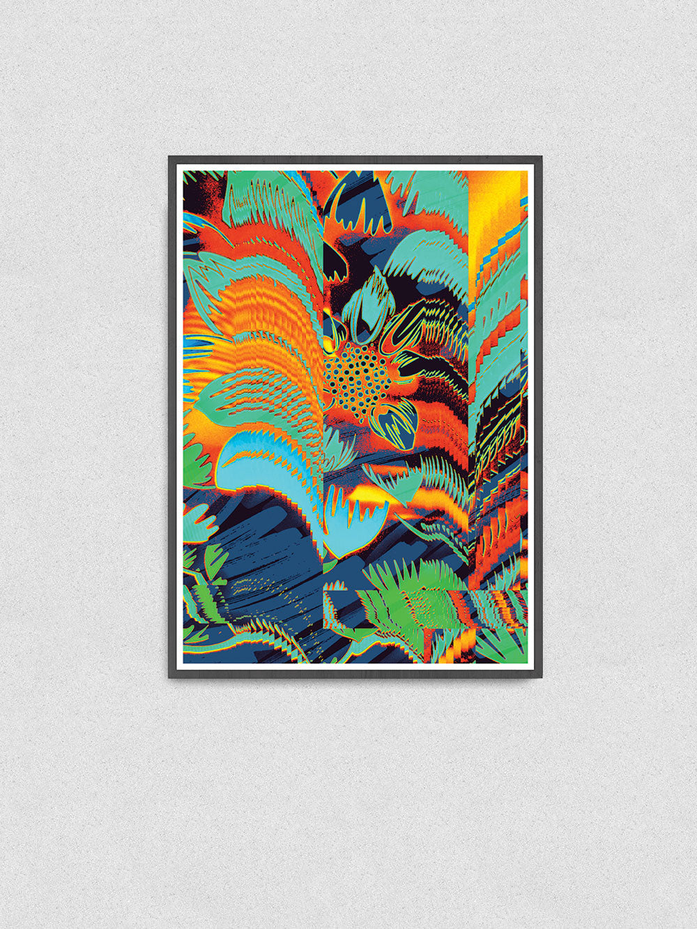 Floral Glitch Art Poster in a frame on a wall