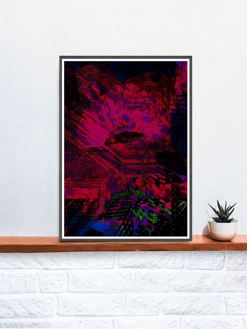 Fox Den Glitch Print Art in a frame on a shelf