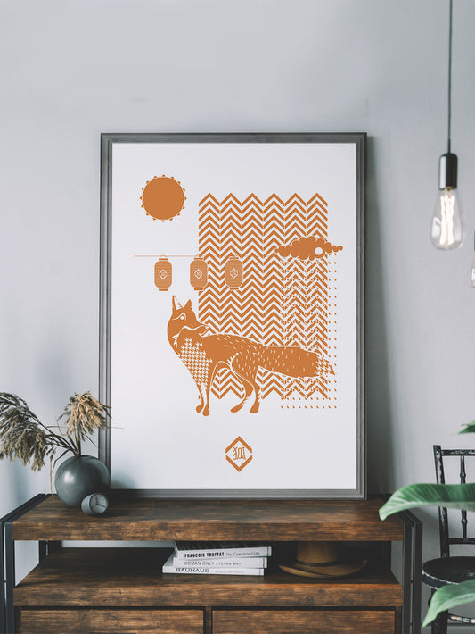 Fox with Lanterns Fox Art Print in a frame on a shelf
