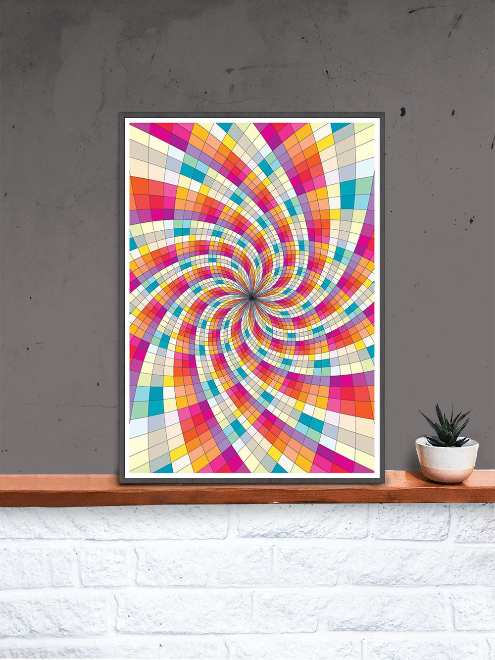 Fractal Light Spiral Pattern Print in a frame on a shelf