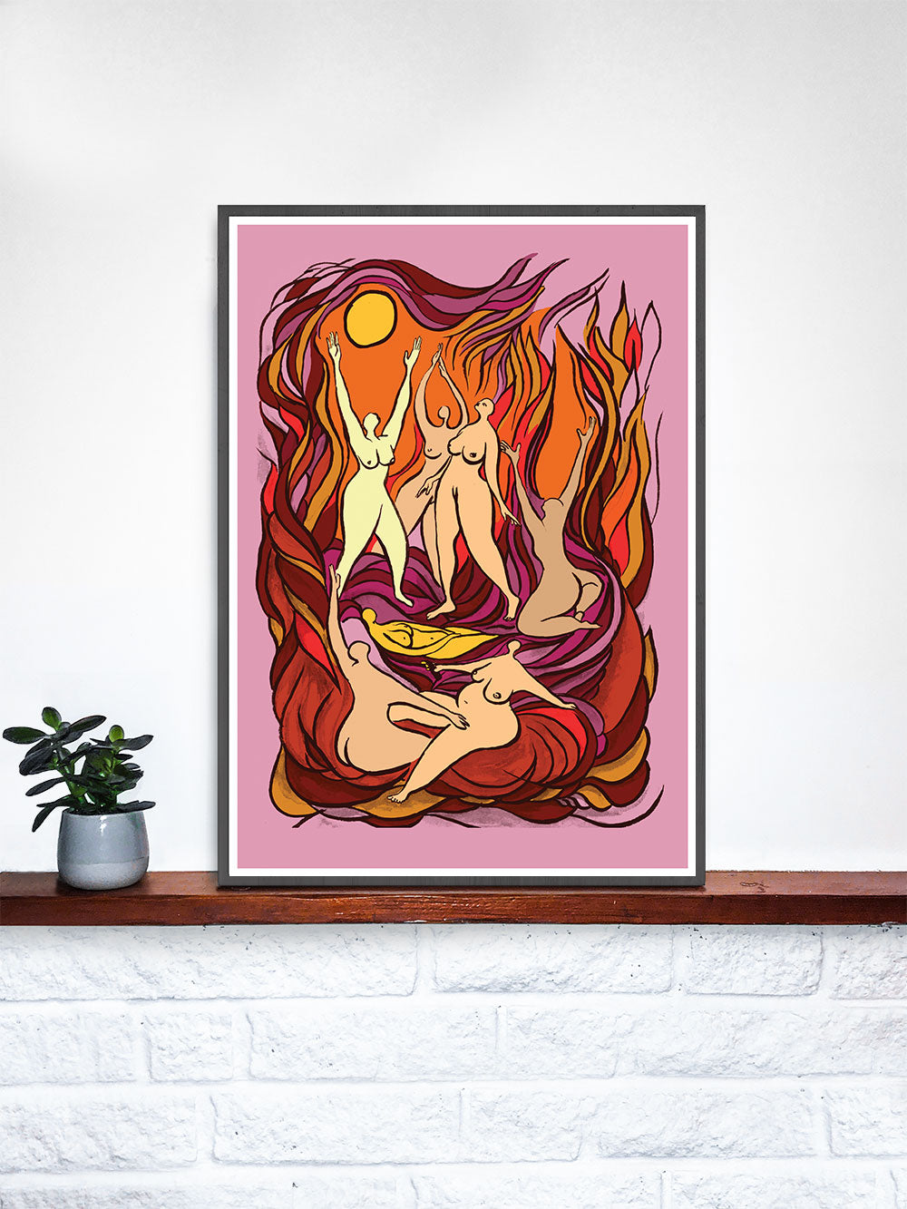 Full Moon Dancers Digital Illustration Art in a frame on a shelf