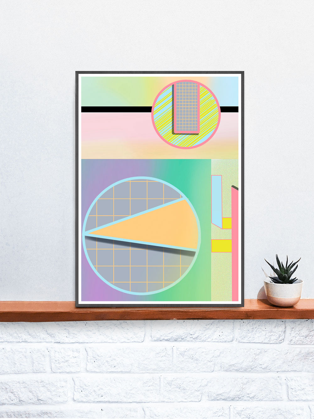 Geometric Zoetrope Retro Geometric Art in a frame on a shelf