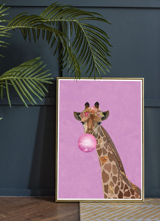 Giraffe Pop Art Print by Sarah Manovski in  moody room with a plant