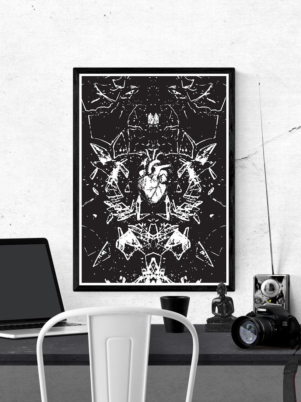 Glasscage Illustration Monochrome Print in a frame on a wall