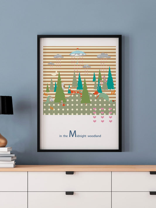 Midnight Woodland Forest Print in a frame on a wall