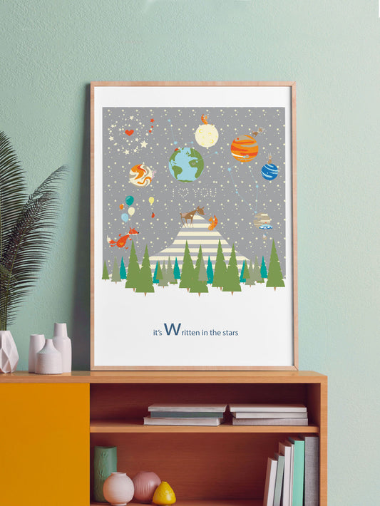 Written in the Stars Woodland Print in a frame on a shelf