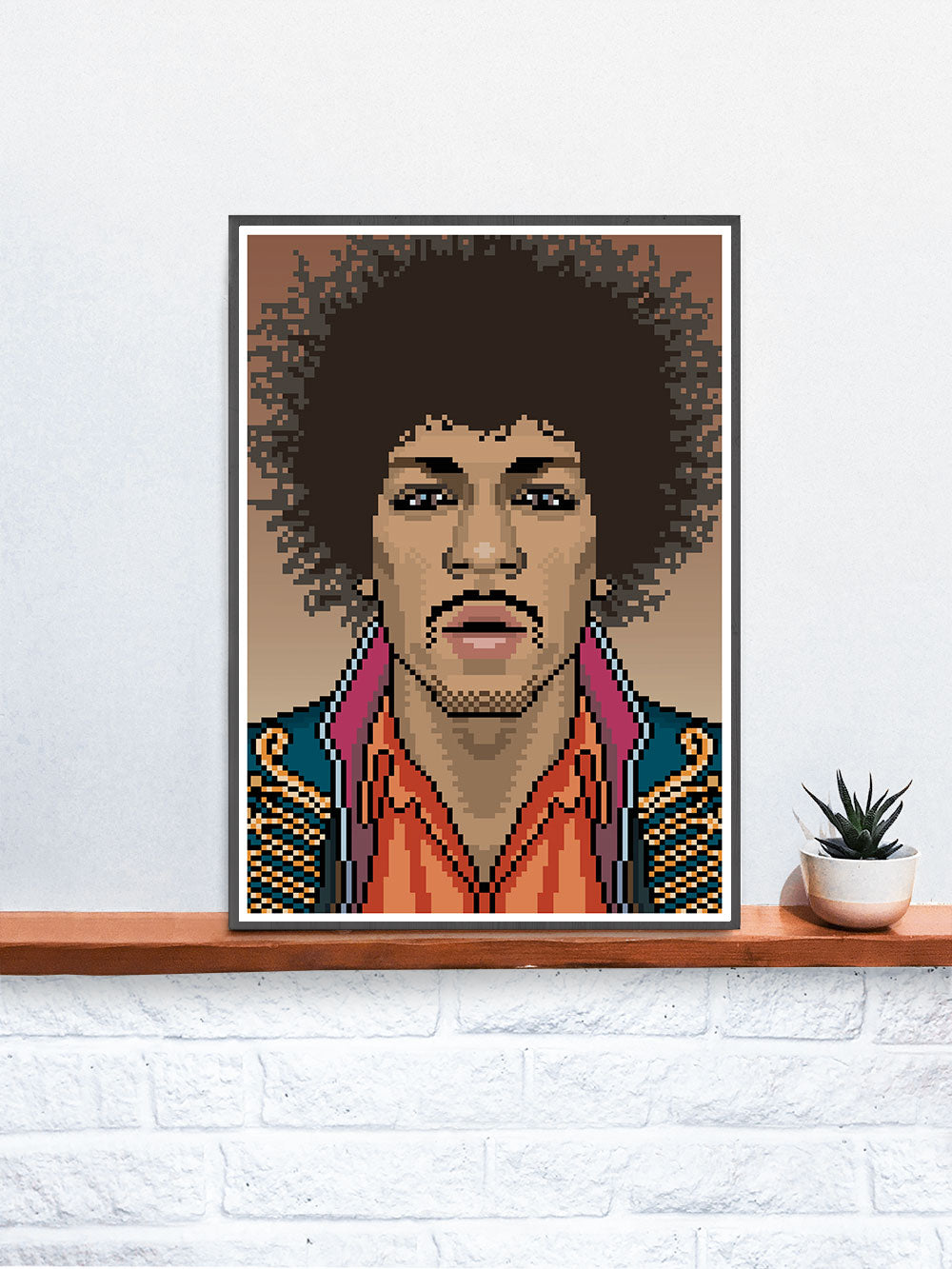Jimi Music Icon Art Print in a frame on a shelf