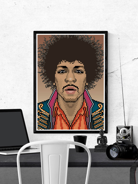 Jimi Music Icon Art Print in a frame on a wall