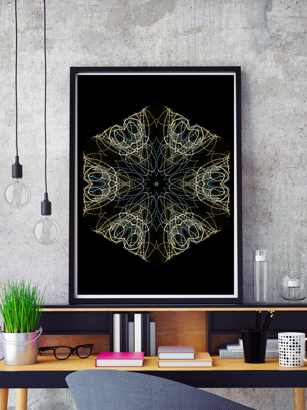 La Planete Sauvage Mandala Print in a frame on a shelf