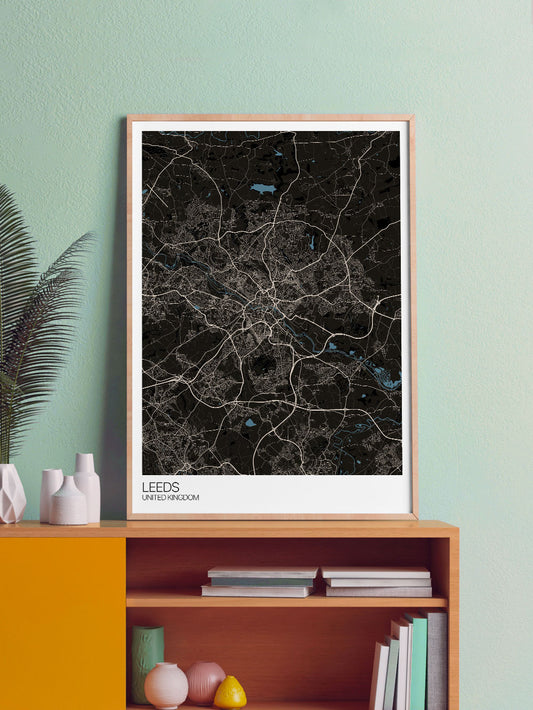 Leeds UK City Map Art in a frame on a shelf
