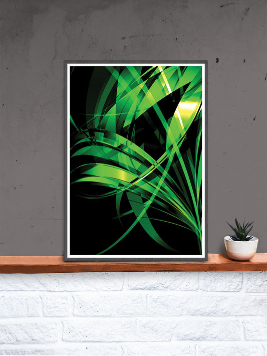 Macro Floral Green Abstract Art Print in a frame on a shelf