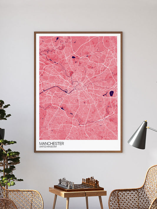 Manchester City Map Print in a frame on a wall
