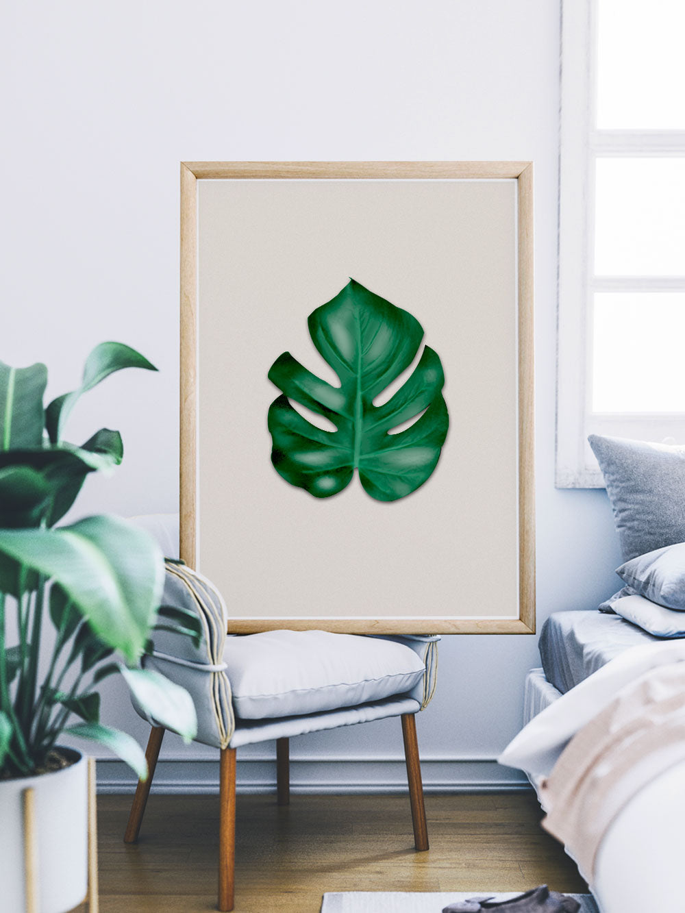 Gorgeous Monstera Leaf Art Print in a bedroom