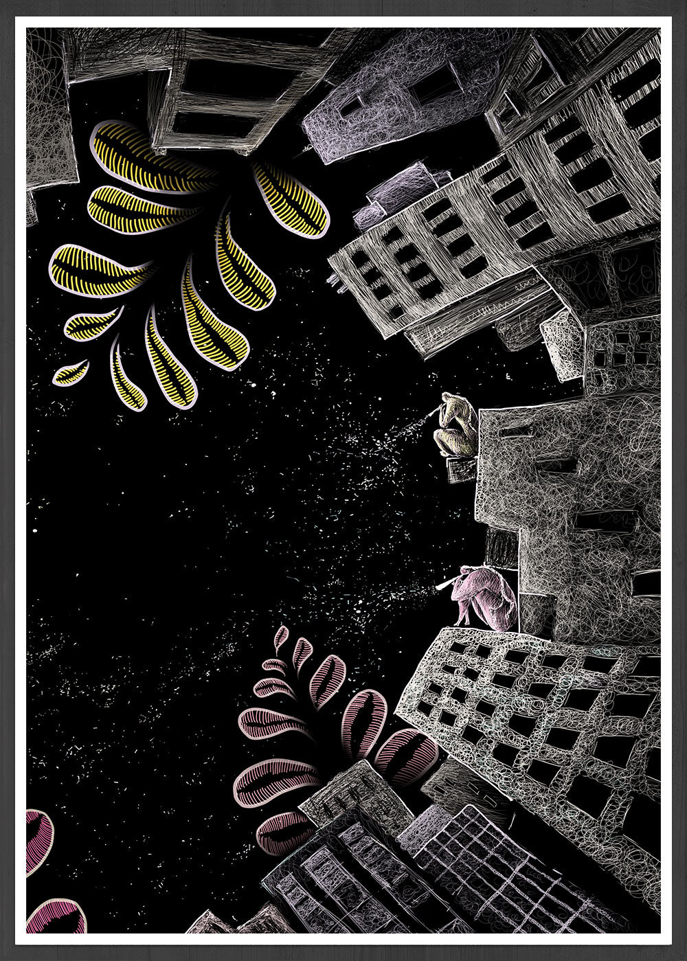 Night Jungle City Illustration Print in frame