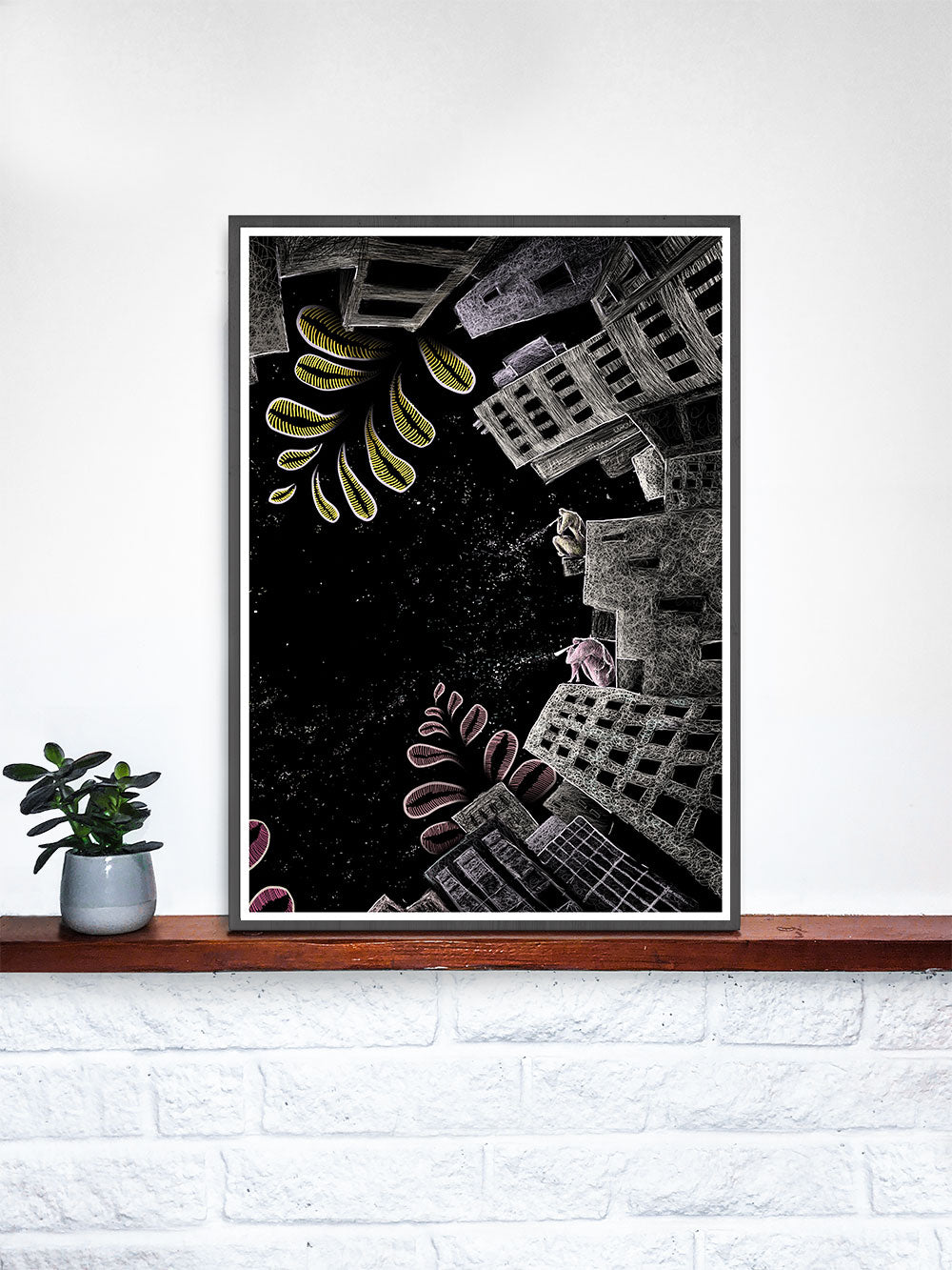 Night Jungle City Illustration Print in a frame on a shelf
