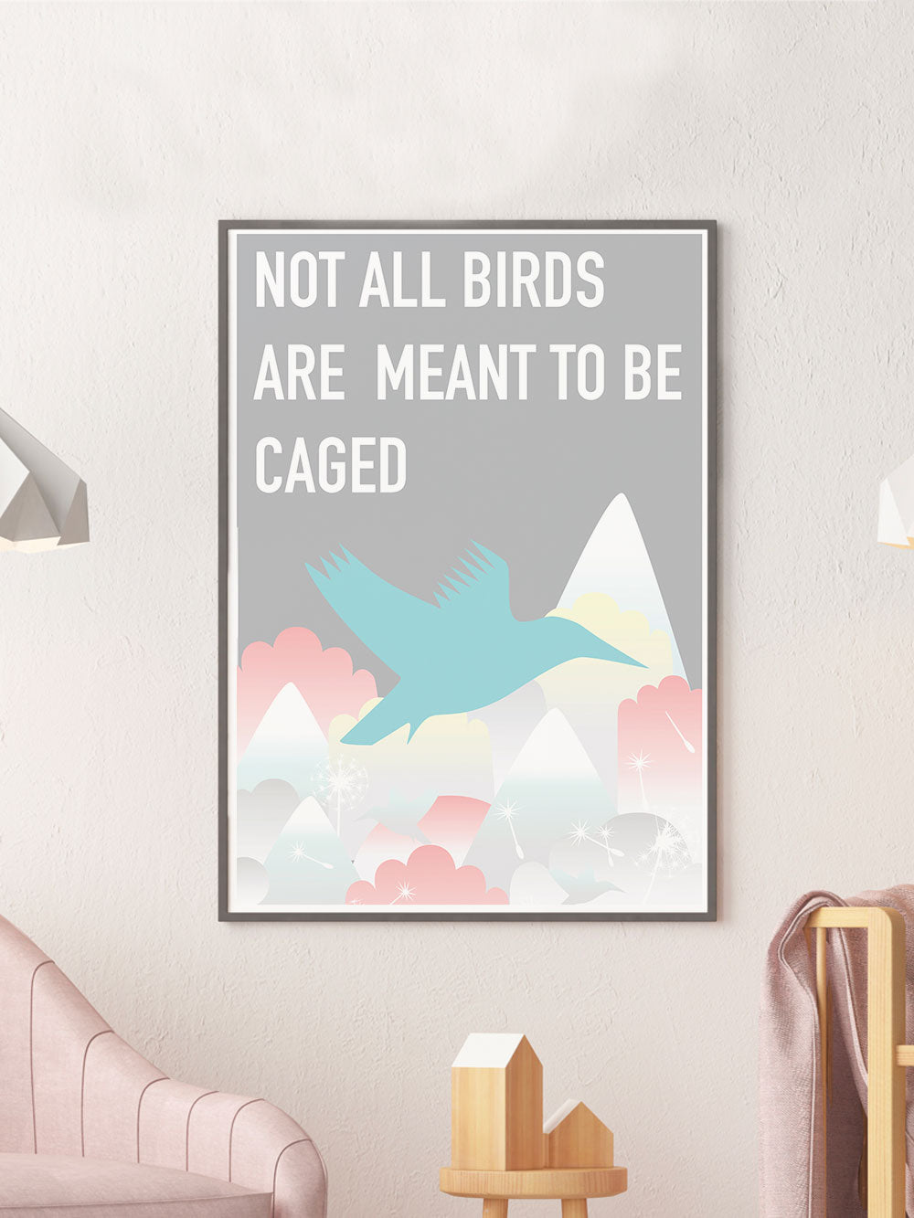 Caged Bird Art Print in a frame on a wall