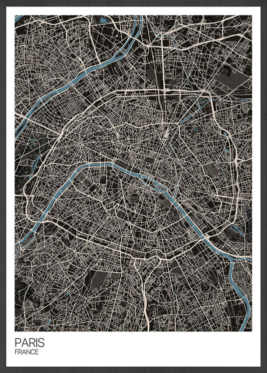 Paris Modern Map Art Print in a frame