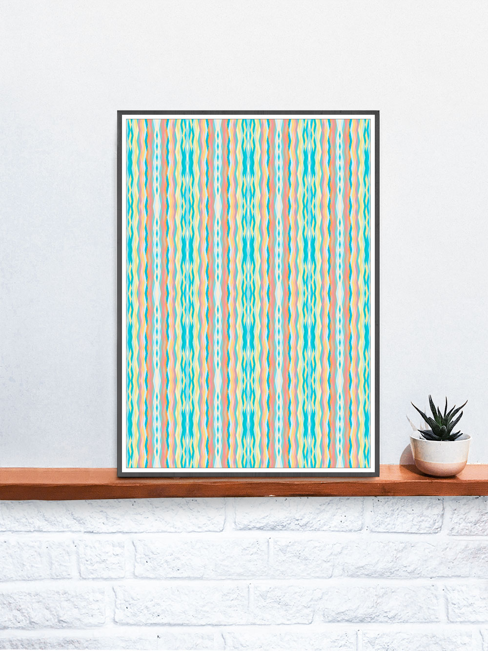 Pastelstatic Pastel Abstract Print in a frame on a shelf