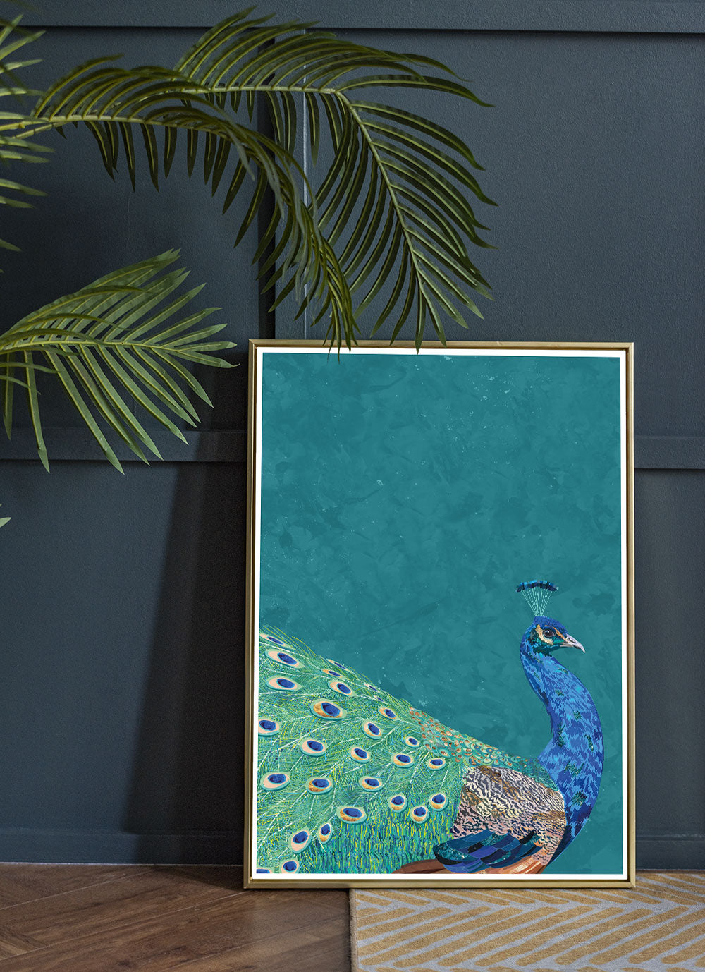Peacock Art Print by Sarah Manovski in a stunning room with a house plant