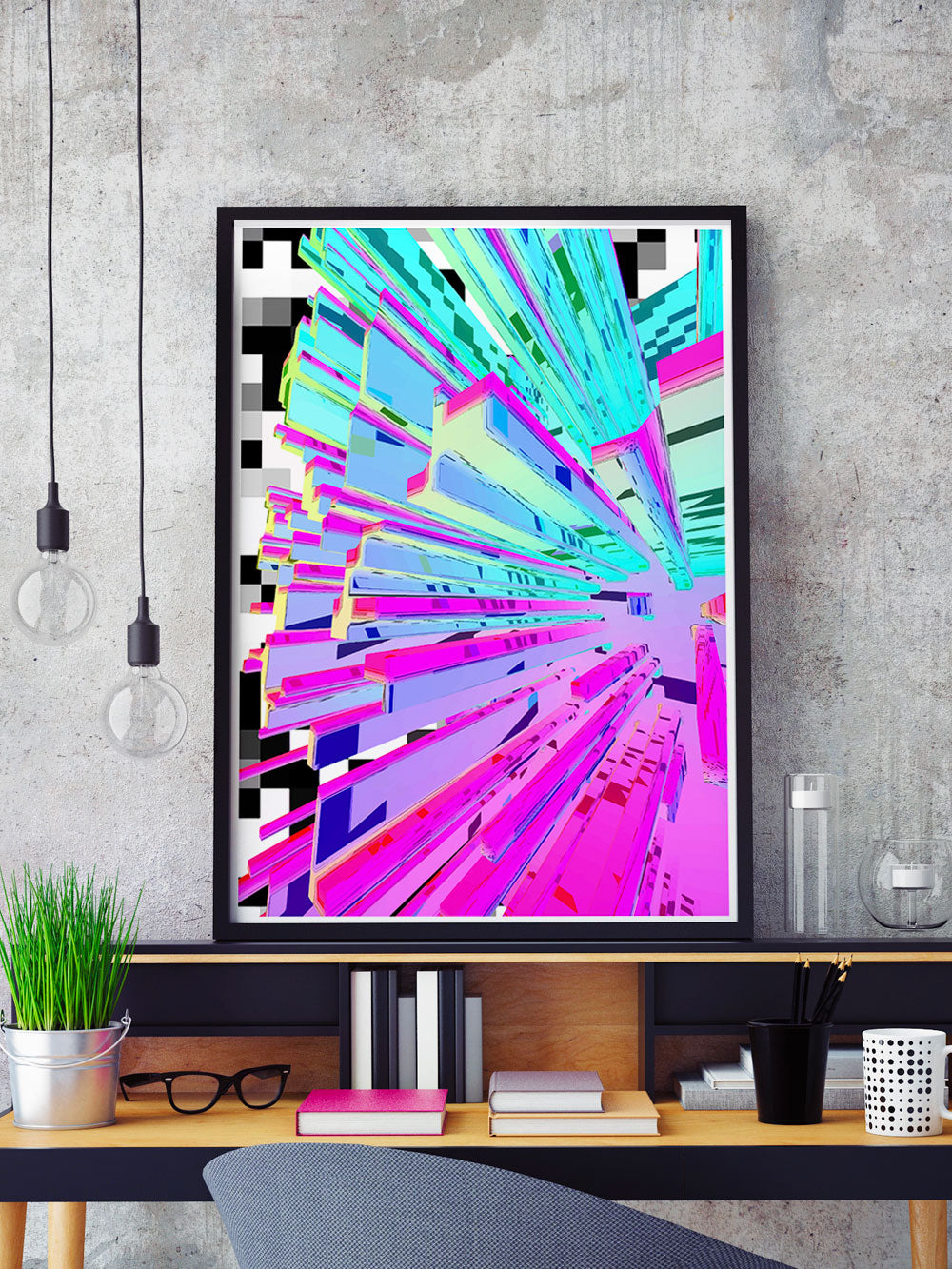 Pixel Crystal Glitch Wall Art in a frame on a shelf