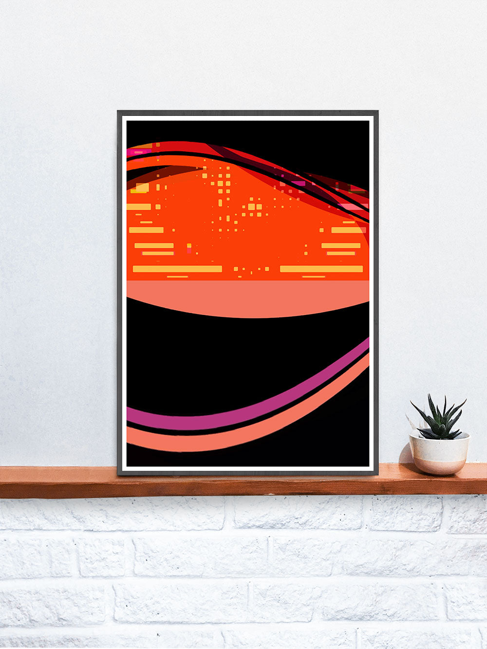 Radio Waves Glitch Art Print in a frame on a shelf