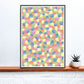 Rainbow Polygon Art in a frame on a shelf