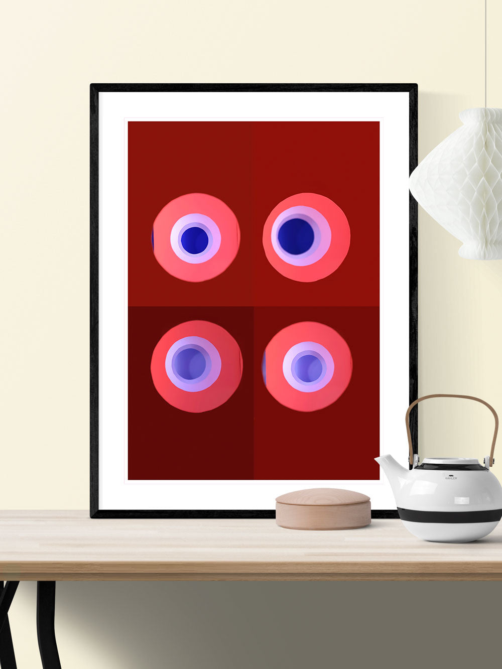 Red and Blue Minimal Art Print in traditional room