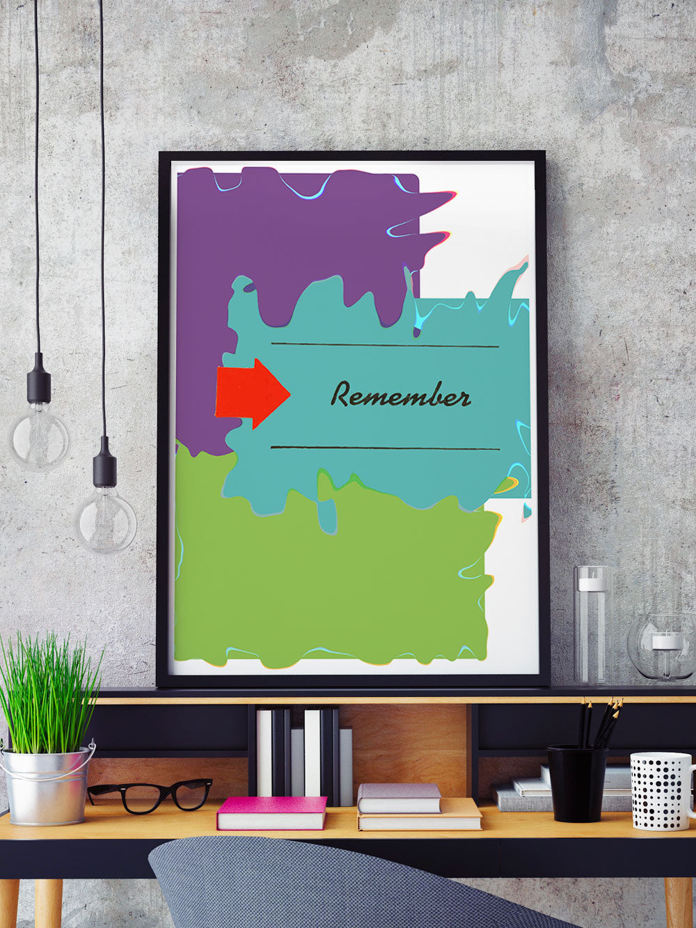 Remember Whats Coming Minimal Art Print in a frame on a shelf