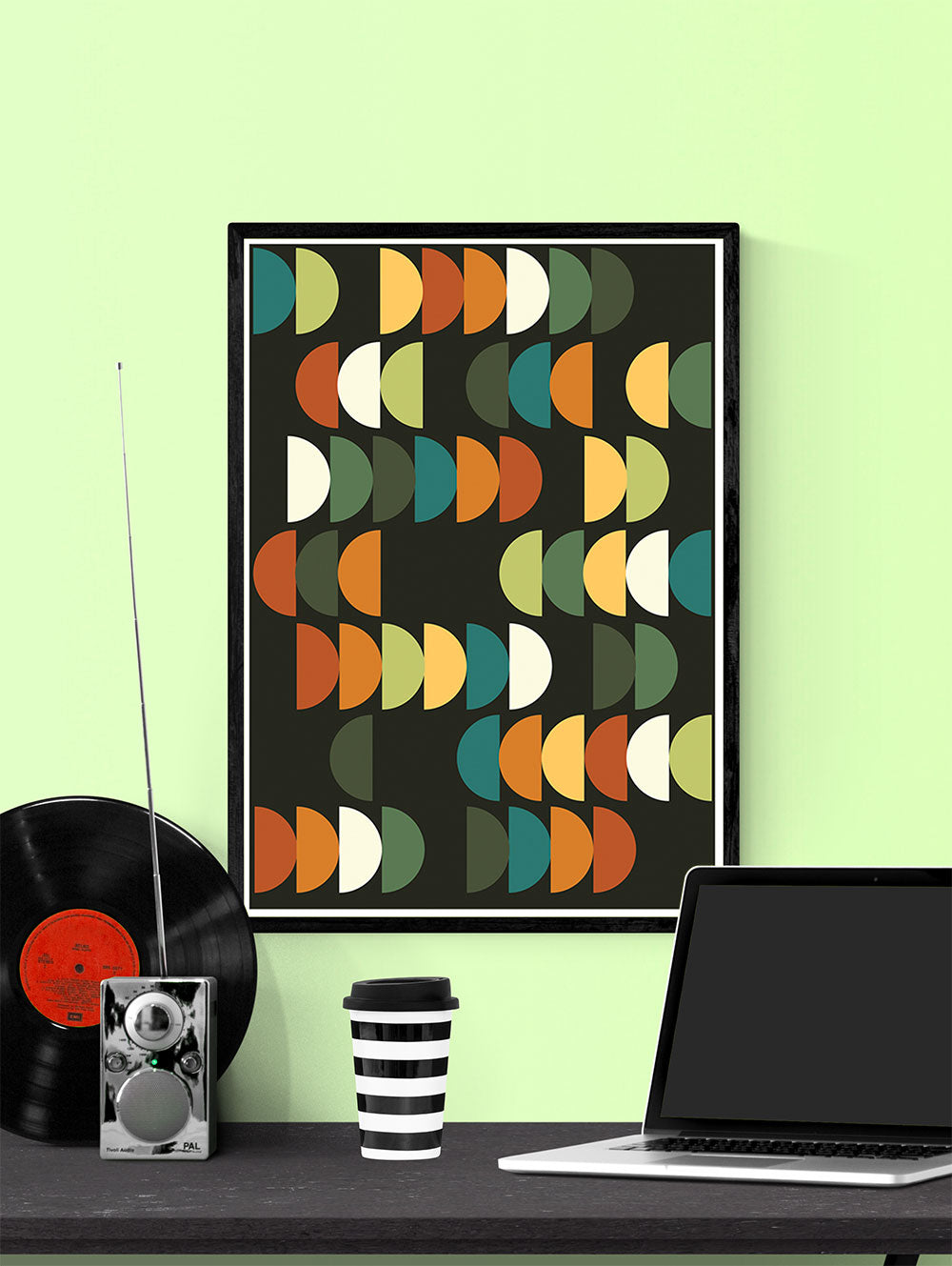 Retro Scales 2 Retro Poster Art Print in a frame on a wall
